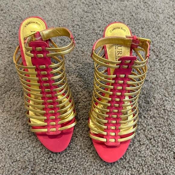 Polo by Ralph Lauren Pink and Gold Stiletto Heels - Picture 1 of 6